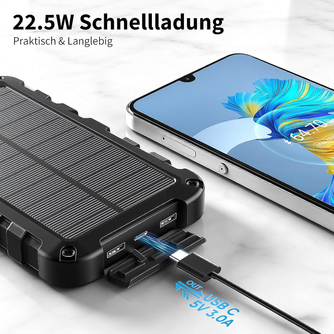 Solar Powerbank 10000mAh PD 22.5W Tragbares Solar Ladegerät USB C Outdoor Wasserdicht Externer Akku