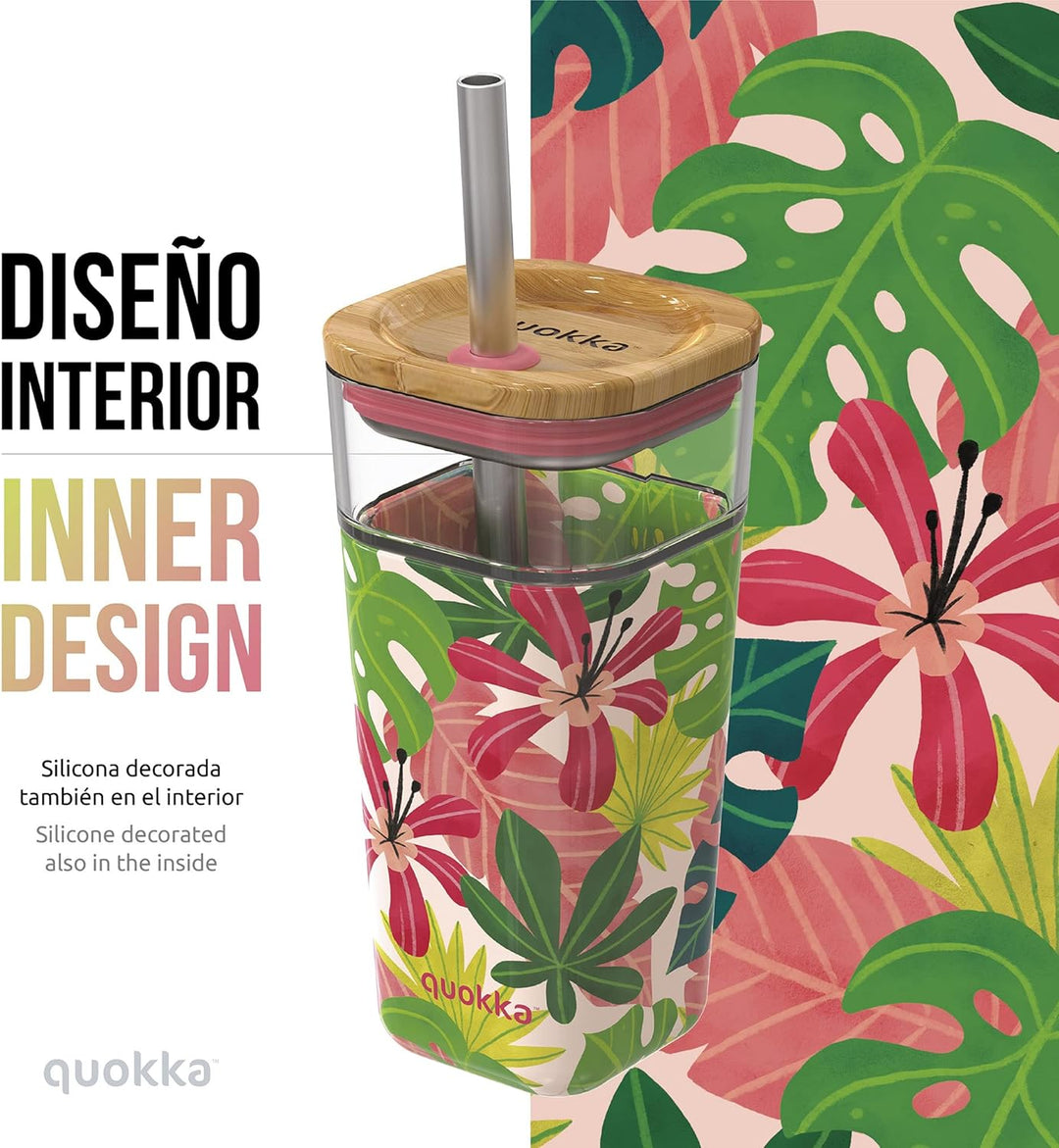 Quokka Glas mit Päckchen und Silikonhülle PINK Jungle 540 ml, Borosilikatglas, Rosa Dschungel, Einhe