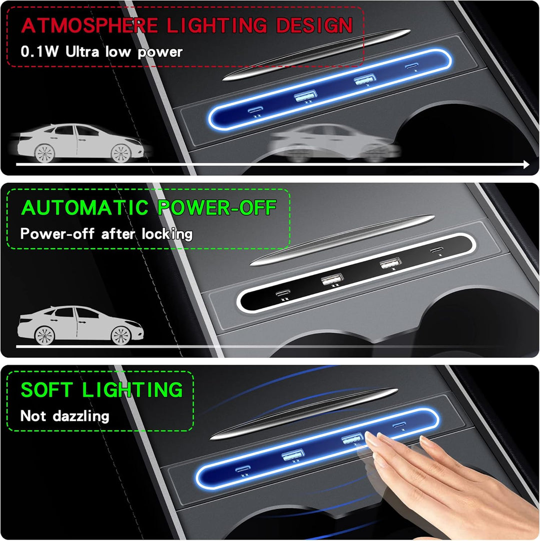 TOPABYTE Tesla USB LED Hub mit Mittelkonsole Organizer Tray für Model 3 und Model Y 2019–2023 unters