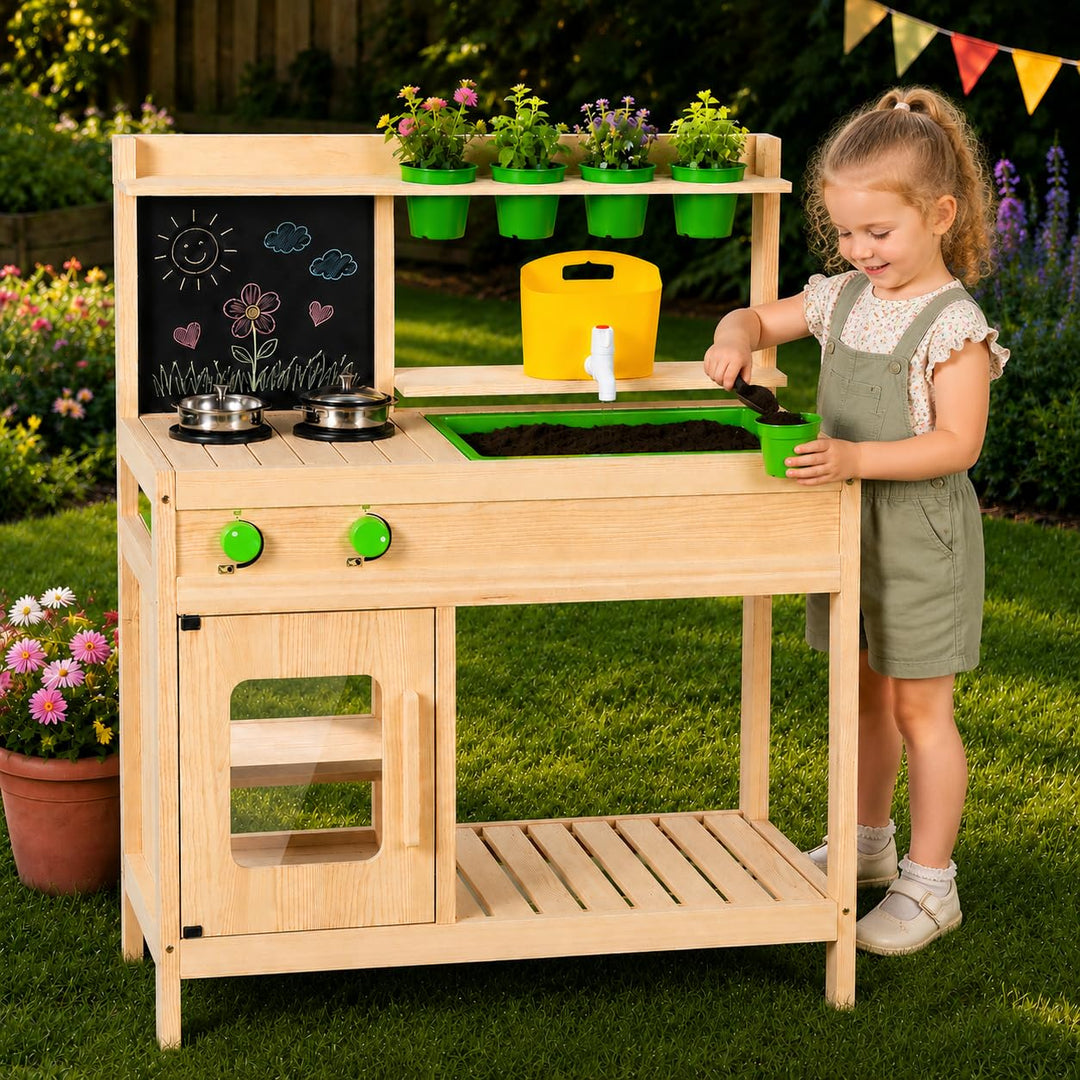 BlueWood Matschküche Kinder Outdoor – FSC Holz Küche mit Wasserhahn, Spielbecken &amp; Stauraum für Gart