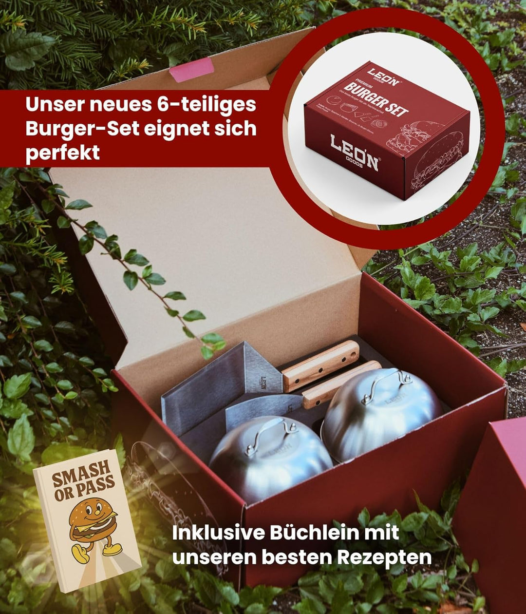 Smash Burger Set [ Edelstahl ] Das Beste Burger Set - Buchenholzgriff und Edelstahl. Hochwertiges Bu