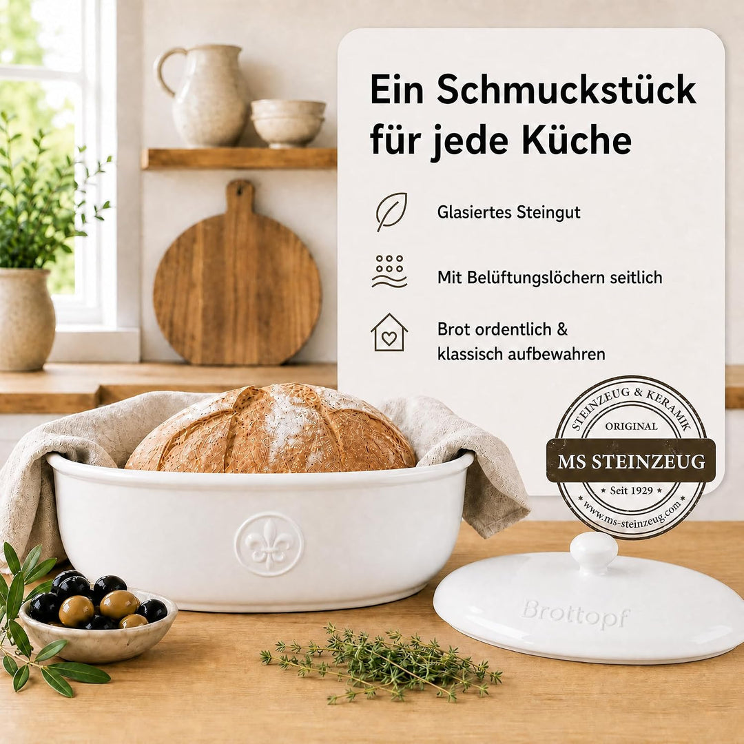 Brottopf in weiss - Brotkasten - oval - Steingut mit Belüftung