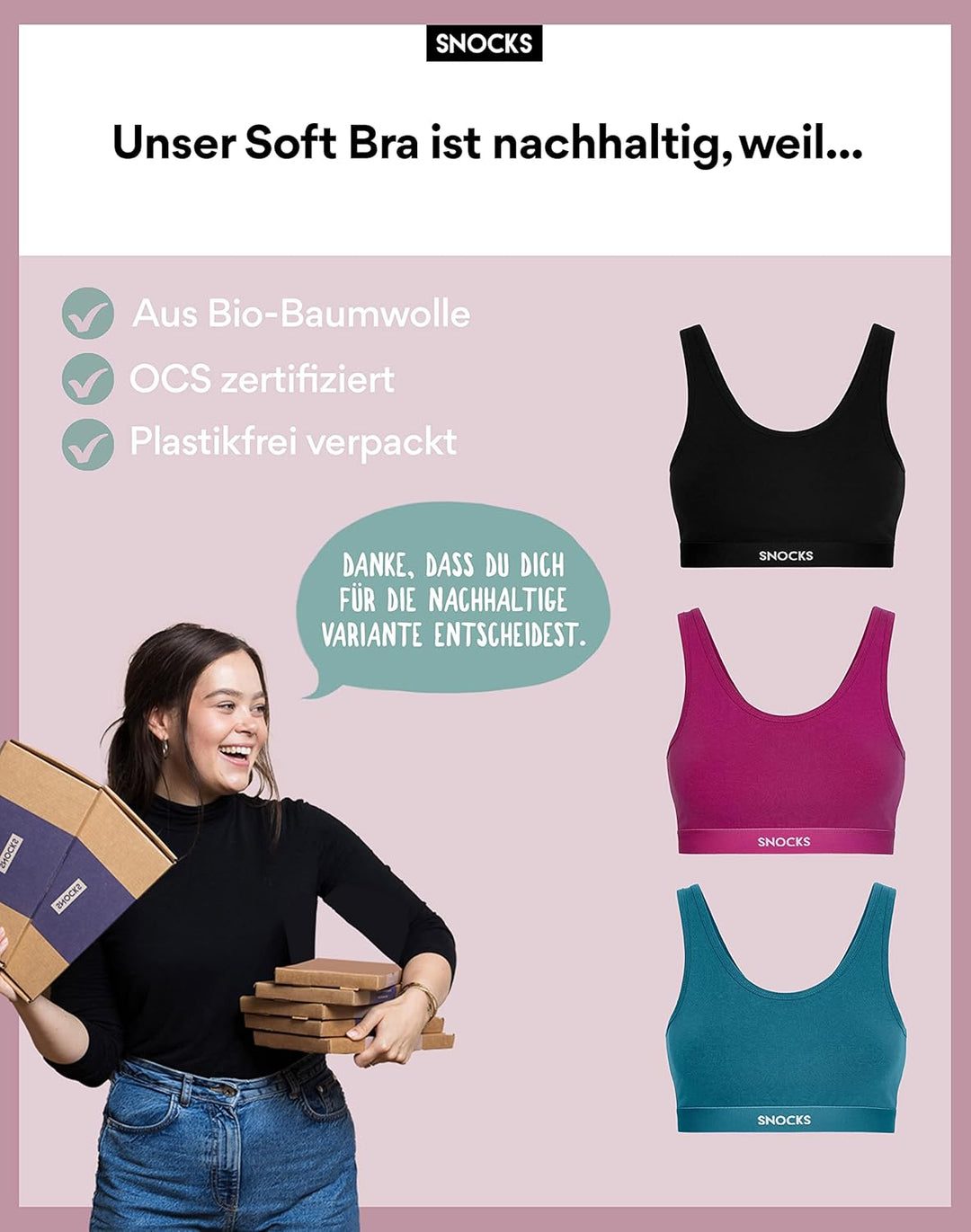 Snocks Soft Bra - Damen BH ohne Bügel, Perfekte Passform und hoher Komfort Dank Bio-Baumwolle, Bügel