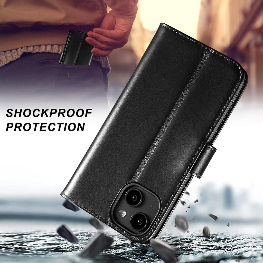 LENSUN Echtleder Hülle für iPhone 14, Bookstyle Handytasche - Glatt Schwarz | Handyhülle Echtes Lede