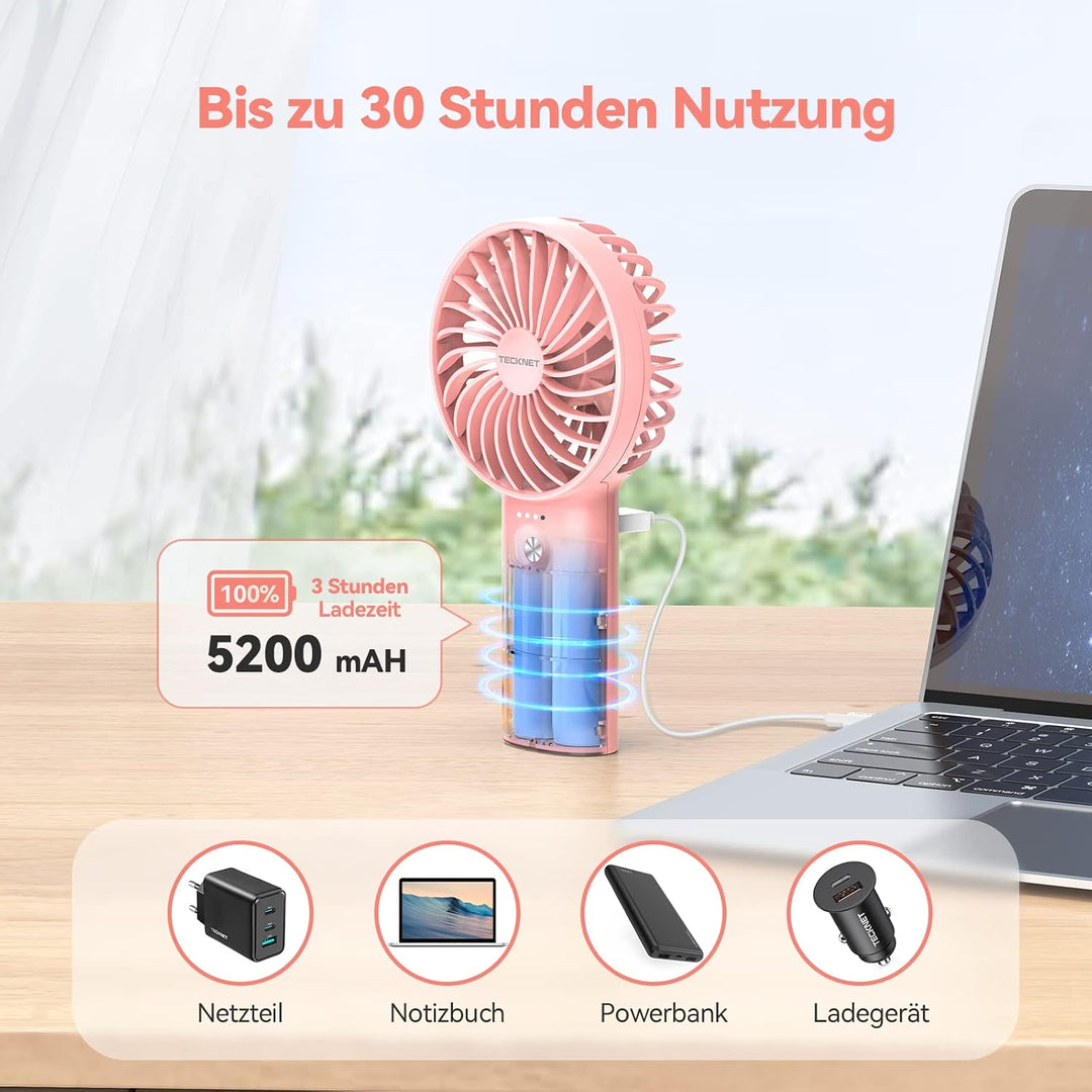 TECKNET Mini USB Ventilator, Tragbarer Handventilator mit Powerbank, 5200mAh Aufladbarem Batterie Lü
