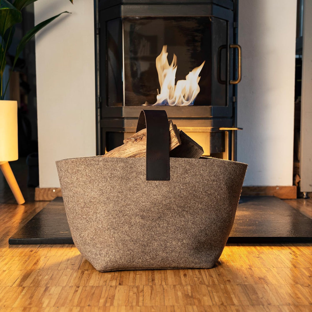 Designer Kaminholzkorb Filz [30L] - Made in Germany Holzkorb für Kaminholz aus upcycling rPET Filz m