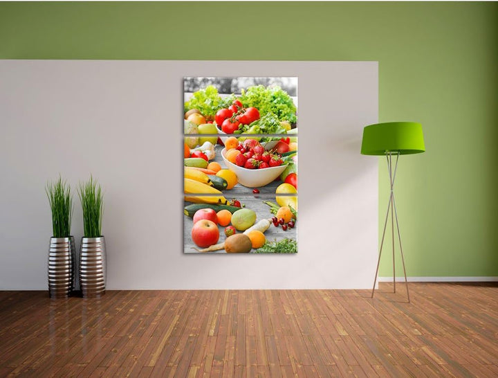 Pixxprint Buntes Obst und Gemüse als Leinwandbild/Grösse: 3 Teilig (120x80 cm) cm/Wandbild/Kunstdruc