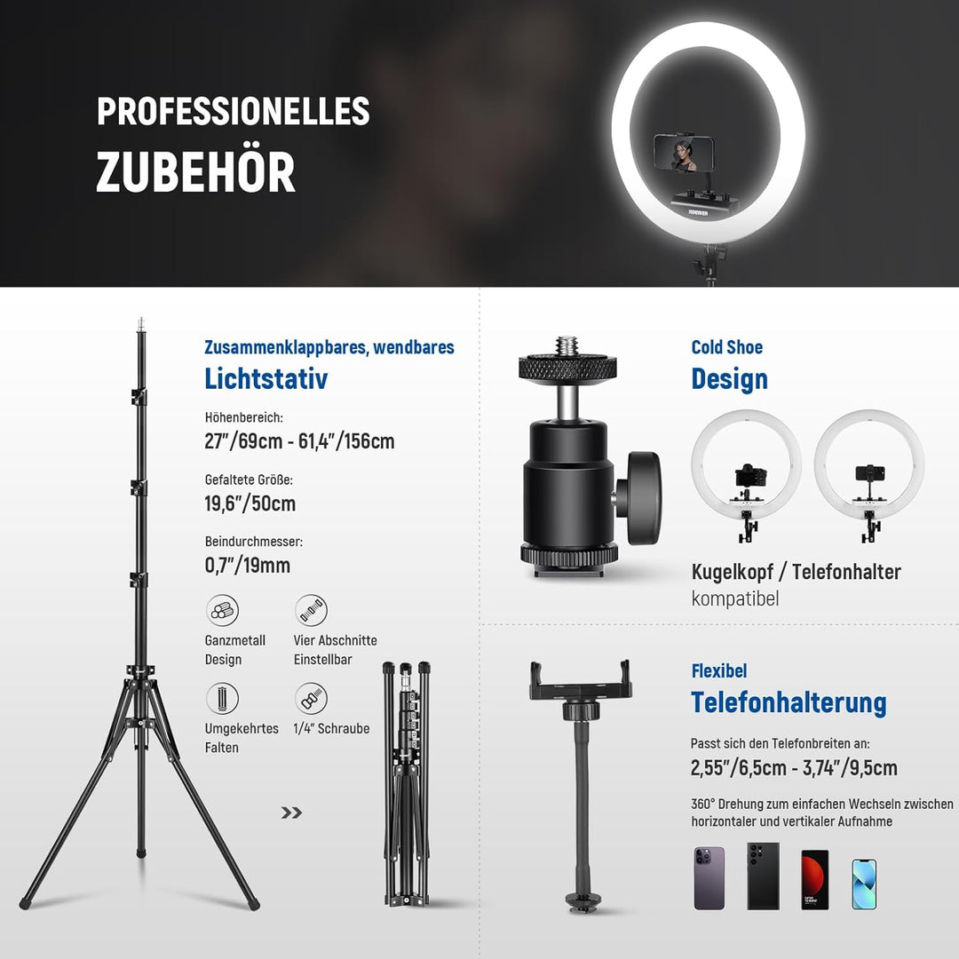 NEEWER Professionelles Ringlicht mit Ständer und Telefonhalter, 18" dünn, 45W 2900K-7000K TLCI98, Fe
