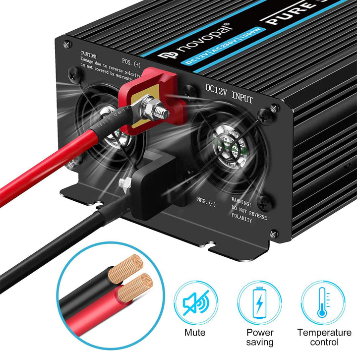 NOVOPAL 1000W Kfz Wechselrichter Spannungswandler -12v 230v Reiner Sinus mit 2 EU Steckdose und USB-