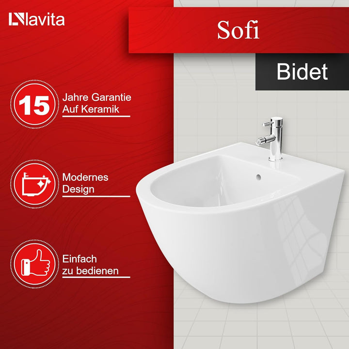 LAVITA Universal Wand Sofi Bidet, WC mit Hahnloch und Überlaufschutz aus Keramik 36,5 x 49 x 32,5 cm