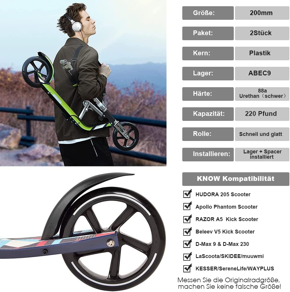 200mm Scooter Rollen - 2 Stück 200mm City Scooter Ersatzräder räder mit ABEC9 Kugellager - Cityrolle