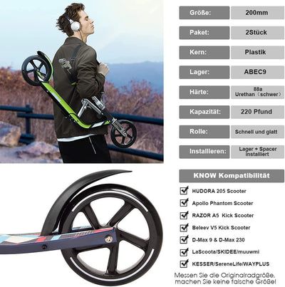 200mm Scooter Rollen - 2 Stück 200mm City Scooter Ersatzräder räder mit ABEC9 Kugellager - Cityrolle