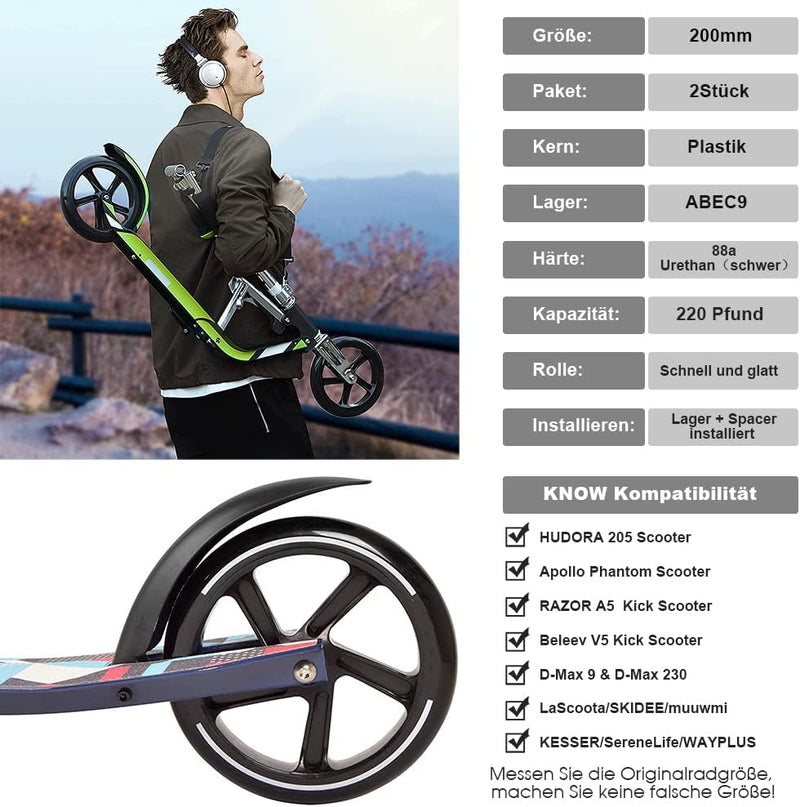 200mm Scooter Rollen - 2 Stück 200mm City Scooter Ersatzräder räder mit ABEC9 Kugellager - Cityrolle