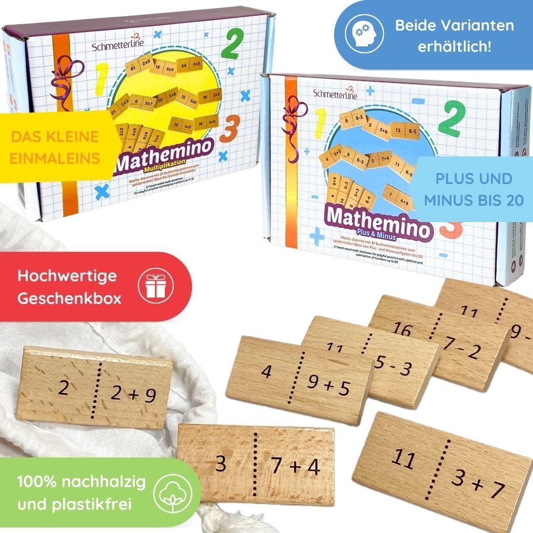 SCHMETTERLINE® Mathe-Domino Rechnen Lernen mit Spass - Lustiges Rechen-Spiel ab 5 Jahre für 1. Klass