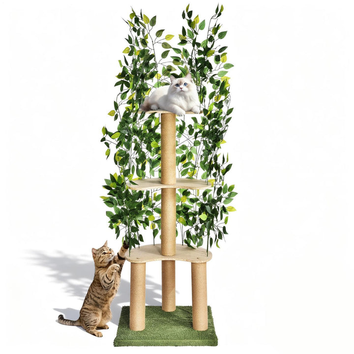 kratzbaums Mit Blättern Aus Holz – Grosser Mehrstöckiger Katzenkratzbaum Mit Sisal-Säulen, Natürlich