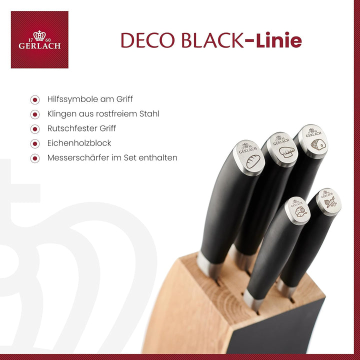 Gerlach Deco Black Messerblock Messerschärfer Messerset Küchenmesserset 5 Messer Edelstahl Buchenhol