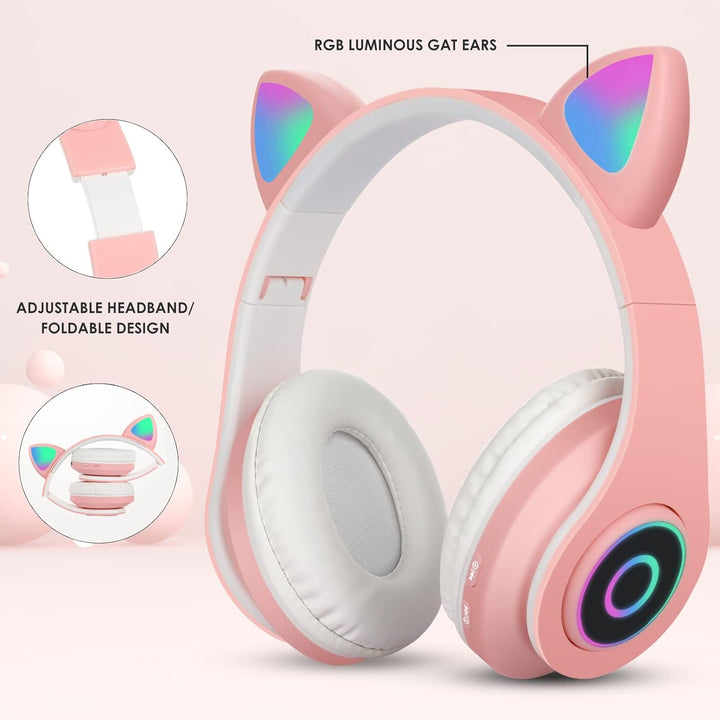 Sendowtek Bluetooth Kopfhörer für Kinder Mädchen Over Ear Niedlich Katzenohren LED Licht Kabellos Ko