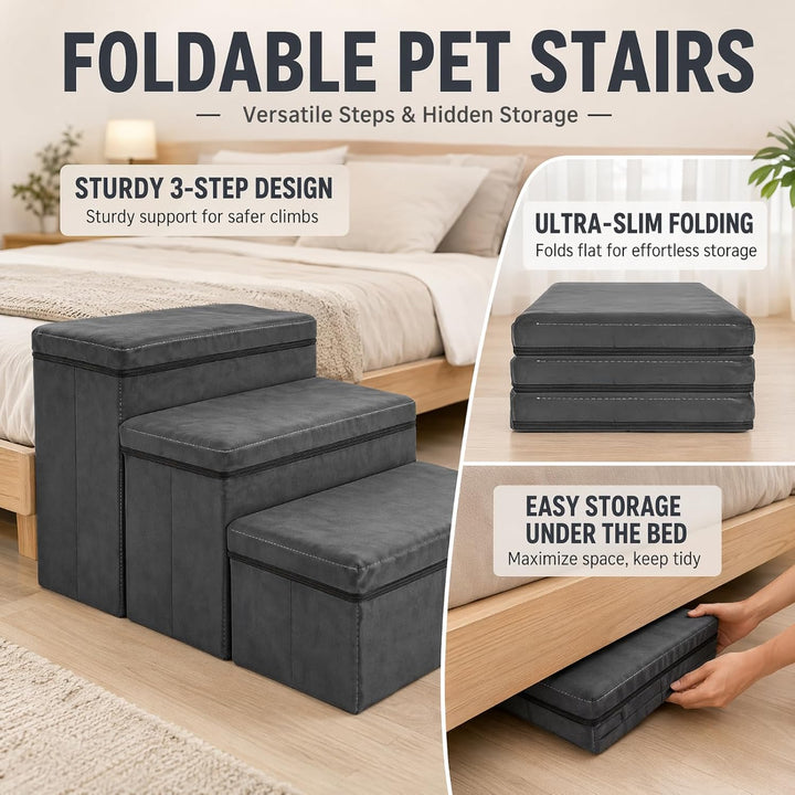 Hundetreppe mit Stauraum, faltbar, 3 Stufen, rutschfeste breite Hunderampe, Haustiertreppe für Bett