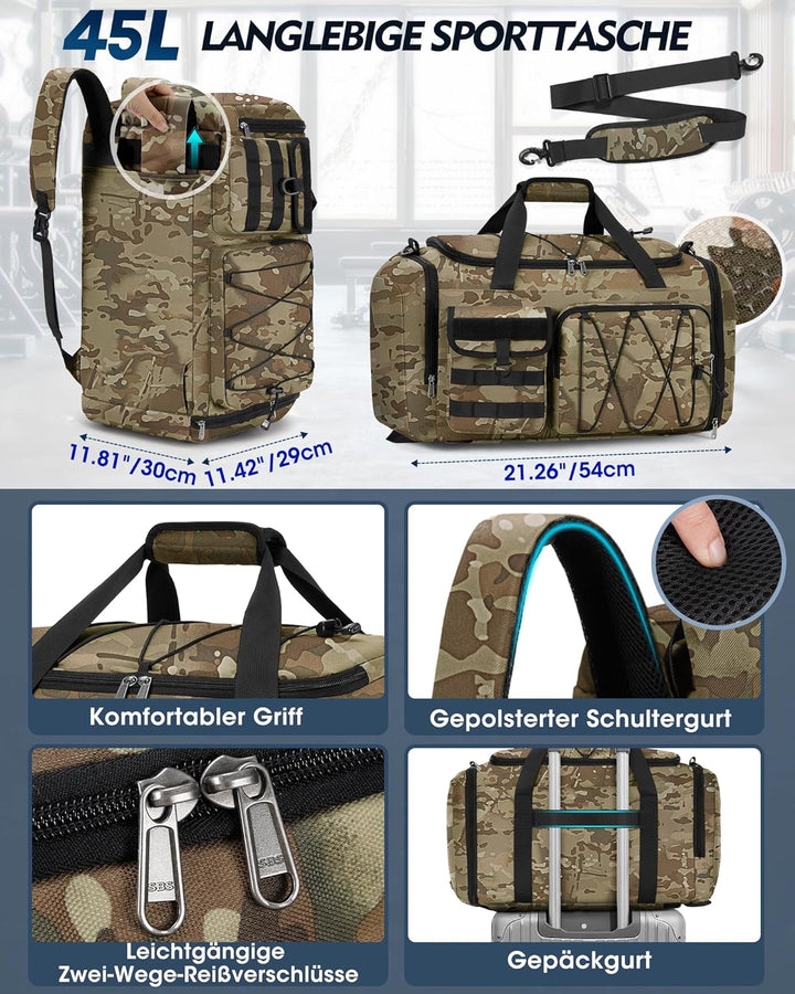 RAINSMORE 45L Sporttasche Herren Damen, 3-IN-1 Reisetasche mit Schuhfach Nassfach, Wasserdicht Gym D