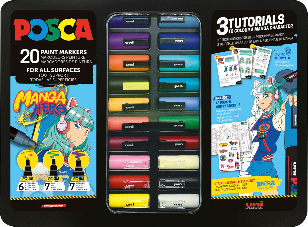 POSCA 186833 Marker Set Manga Hero, 20 Acrylstifte inkl. Tutorials, Poster und Sticker, PC-1M, PC-3M