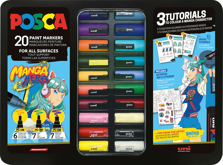 POSCA 186833 Marker Set Manga Hero, 20 Acrylstifte inkl. Tutorials, Poster und Sticker, PC-1M, PC-3M