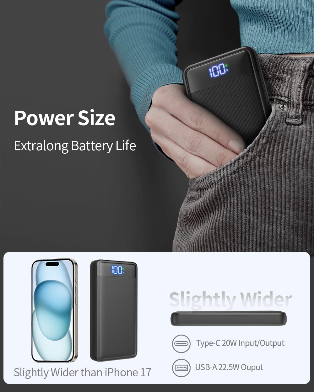 Power Bank 26800mAh, 22.5W Powerbank, Externer Handyakku Schnellladen USB C Input & Output mit LED A