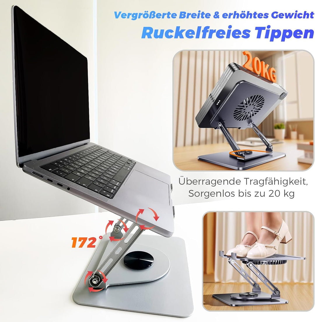 Laptop Ständer aus Aluminium, 360° Drehbar, Faltbar, mit Magnetischem Lüfter für Kühlung, Kompatibel