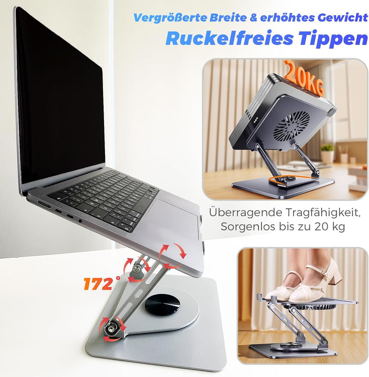 Laptop Ständer aus Aluminium, 360° Drehbar, Faltbar, mit Magnetischem Lüfter für Kühlung, Kompatibel