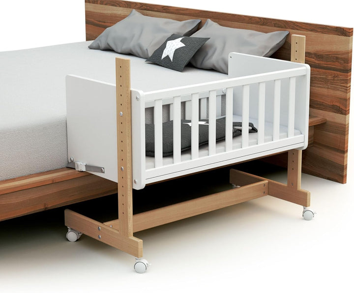AT4 - Umwandelbare Co-Sleeping-Wiege CONFORT Holz Weiss und Buche Lackiert 40 x 80 Kinderbett Weiss/