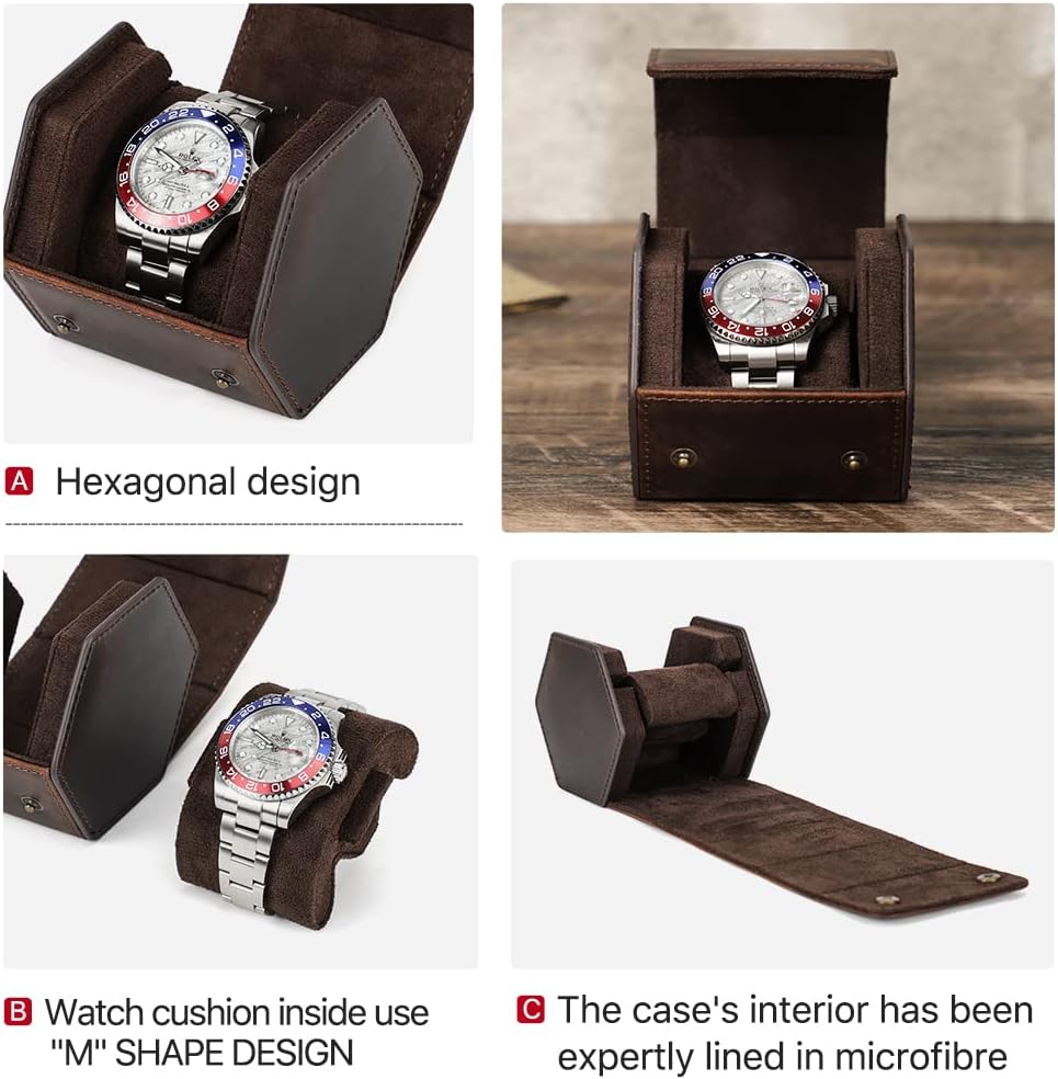 Hiram Uhrenetui aus echtem Leder, sechseckig, 1 Uhrenrolle, Uhrenschutz, Aufbewahrungsbox, Organizer