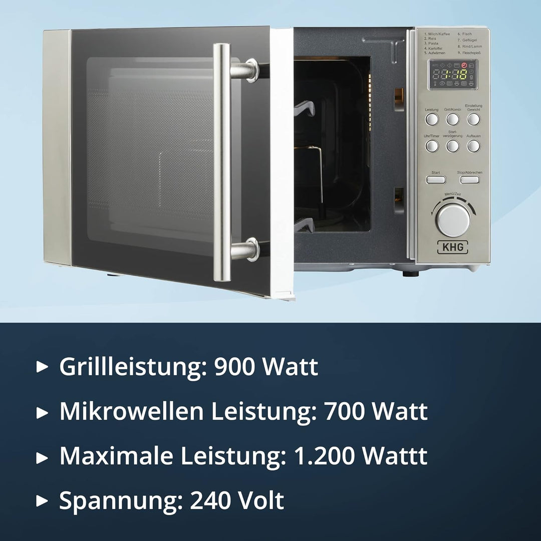 KHG Mikrowelle MW-20.1GS mit Grill 20L aus Metall in silber, 9 Automatikprogramme, 1.200 Watt, inkl.
