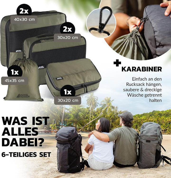 BACK&amp;PACKER® Packing Cubes mit Kompression 6-teilig - Packtaschen Set aus recyceltem Material - Leic