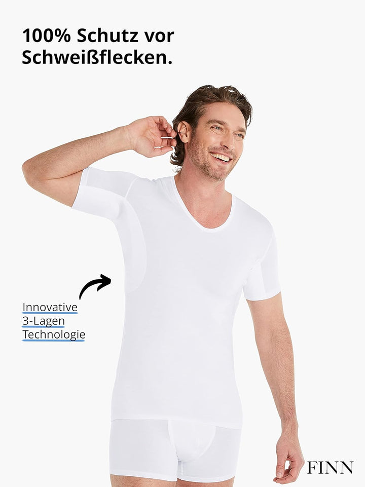 FINN Anti-Schweiss Shirt Herren mit V-Ausschnitt und Rücken-Einsatz – Unterhemd gegen Schwitzen mit