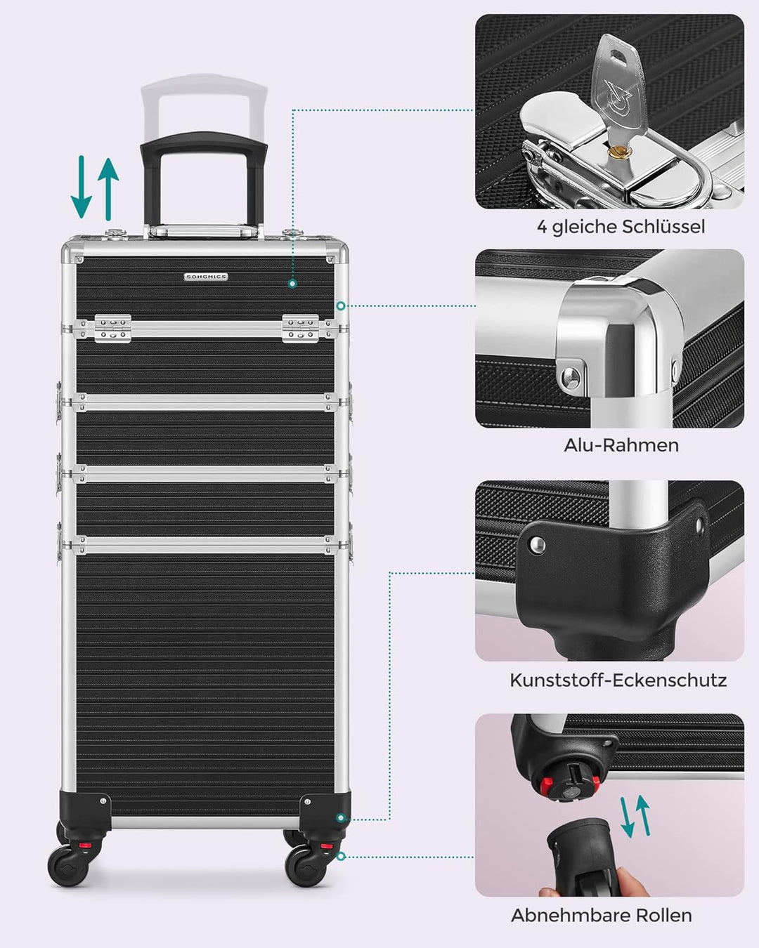 SONGMICS Kosmetikkoffer, Trolley, 4-in-1 Schminkkoffer, extra gross, Friseurkoffer, 34 x 24 x 79,3 c