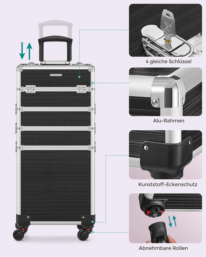 SONGMICS Kosmetikkoffer, Trolley, 4-in-1 Schminkkoffer, extra gross, Friseurkoffer, 34 x 24 x 79,3 c