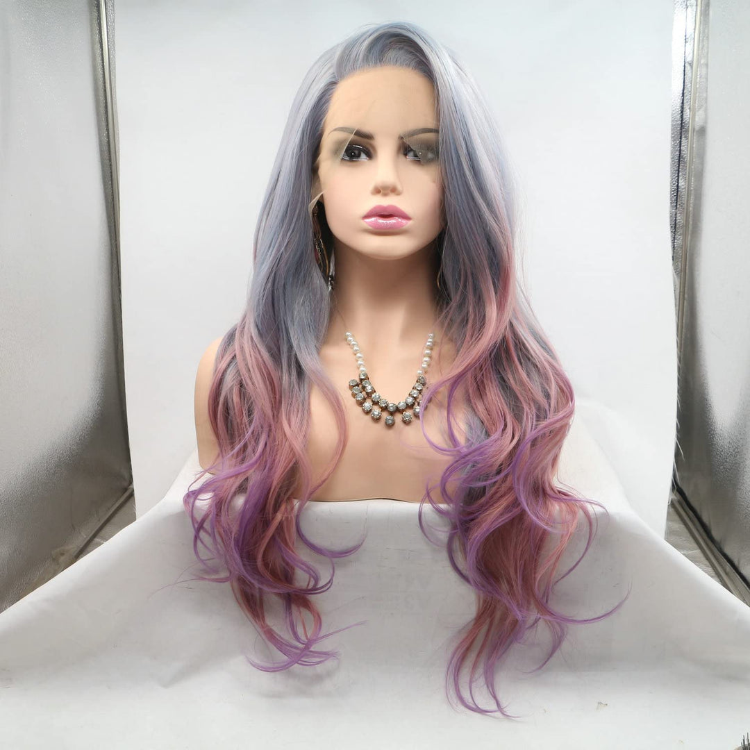 Mermaid Wig Natural Hairline Side Part Synthetic Lace Front Wigs For Drag Queen Mixed Colorful Body