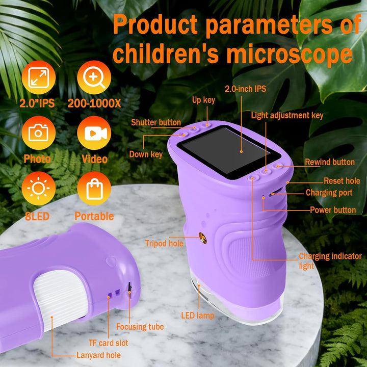 Digitales Mikroskop für Kinder, 1000X tragbares Taschenmikroskop mit 4K 2.0" Bildschirm Kinder Handy