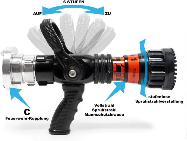 Wiltec Hohlstrahlrohr mit 150/180/300/450/660 l/min, C Storzkupplung und stufenloser Sprühstrahlvers