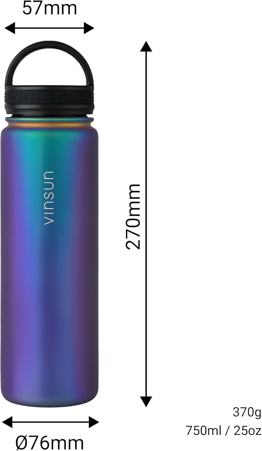 Vinsun Edelstahl Trinkflasche 750ml mit Strohhalm Deckel - 3 Deckel inkl. | Strohhalm, Trinköffnung,