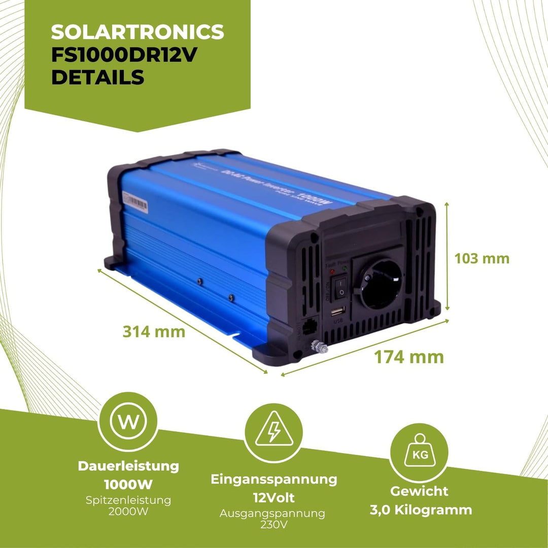 solartronics Spannungswandler FS1000DR 12V 1000 Watt Reiner Sinus BLAU Inverter Wechselrichter