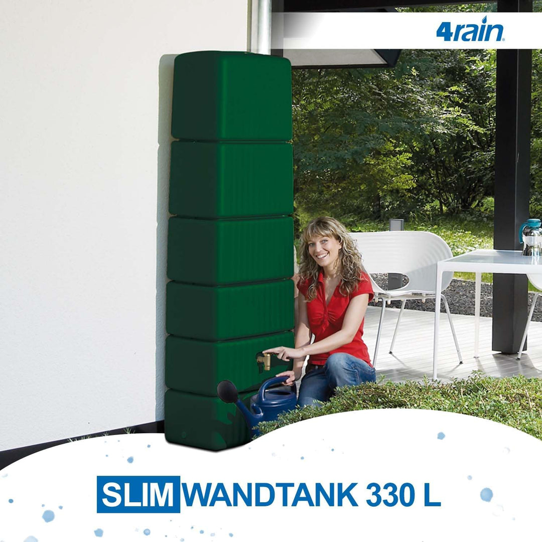4rain Slim Regentonne 330 Liter Dunkelgrün – Platzsparender Wandtank für Regenwasser - Wassertank mi