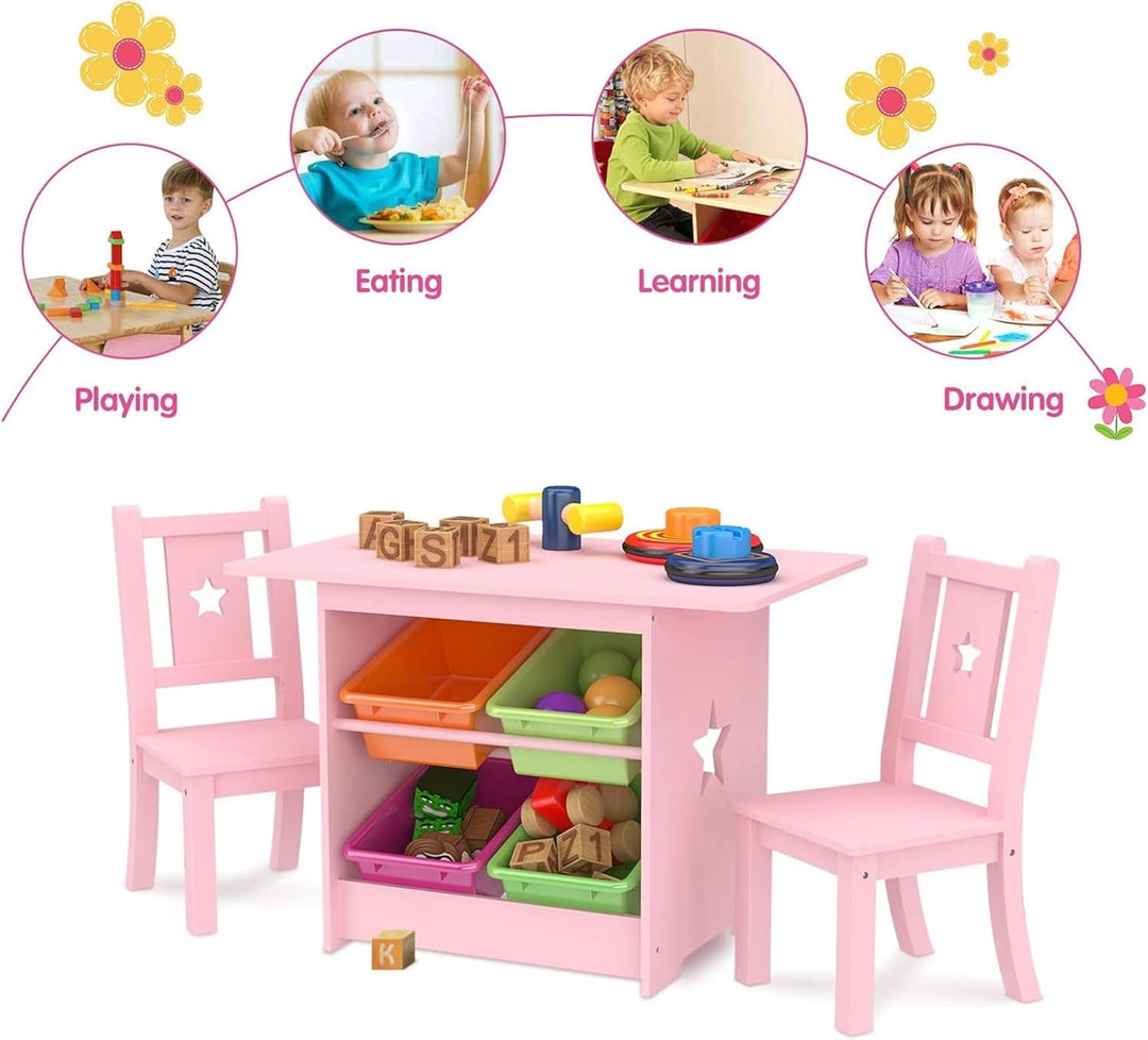Kinder Tisch und Stuhl Set - Kindertische Massivholz und Rosa - Tisch mit 4 Aufbewahrungsboxen, Star