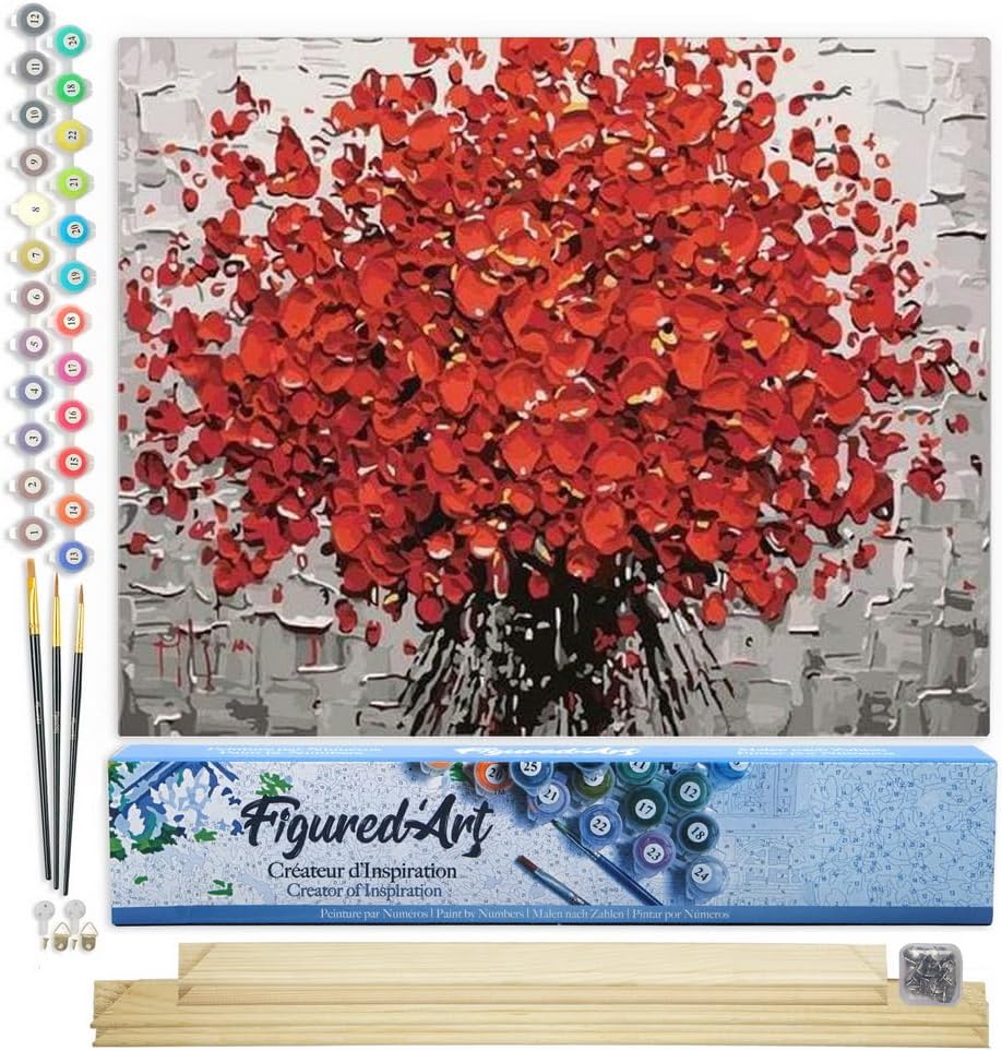 Figured'Art Malen Nach Zahlen Erwachsene Mit Rahmen Abstrakte rote Blumen - Paint by Numbers Basteln