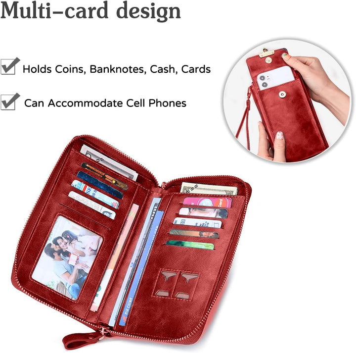 PORRASSO Geldbörse Damen Umhängetasche Portemonnaie Leder Geldbeutel Wristlet Bag mit Viele Fächer M