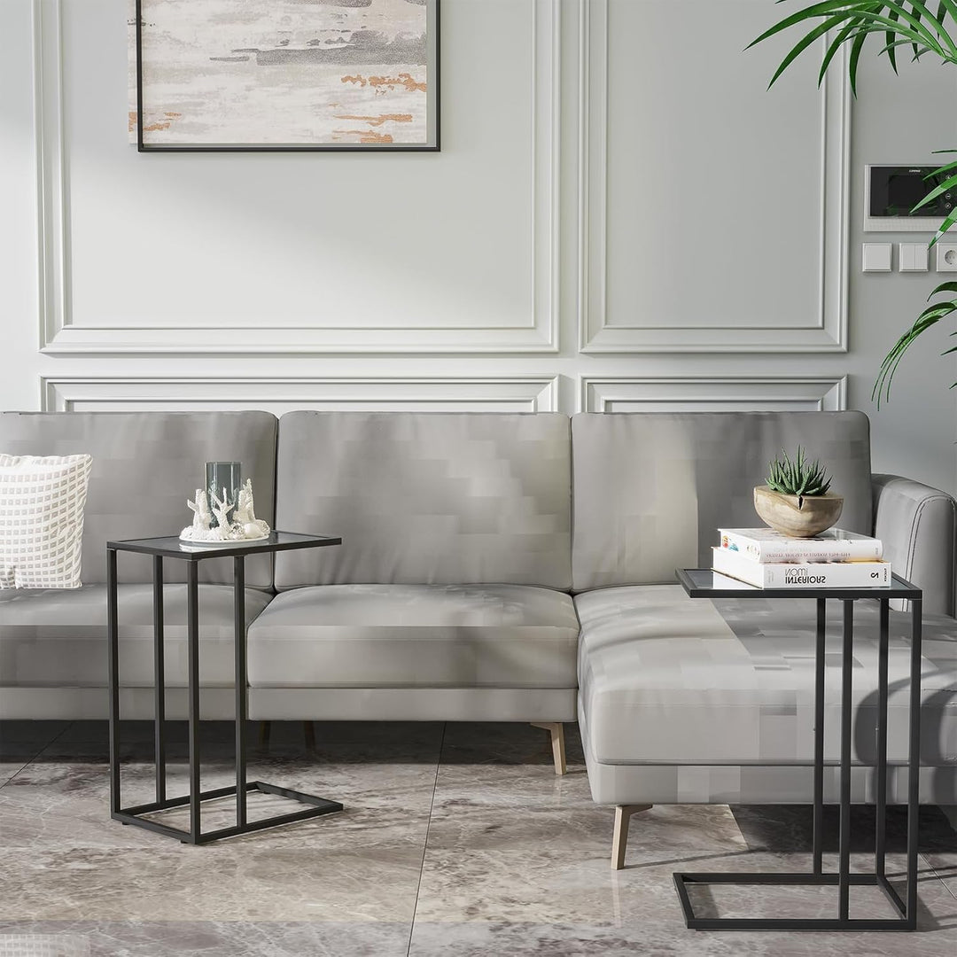 Huhote C-förmiger Beistelltisch 2er Set, Glas-Beistelltisch für Couch, Sofatisch mit Metallrahmen, C