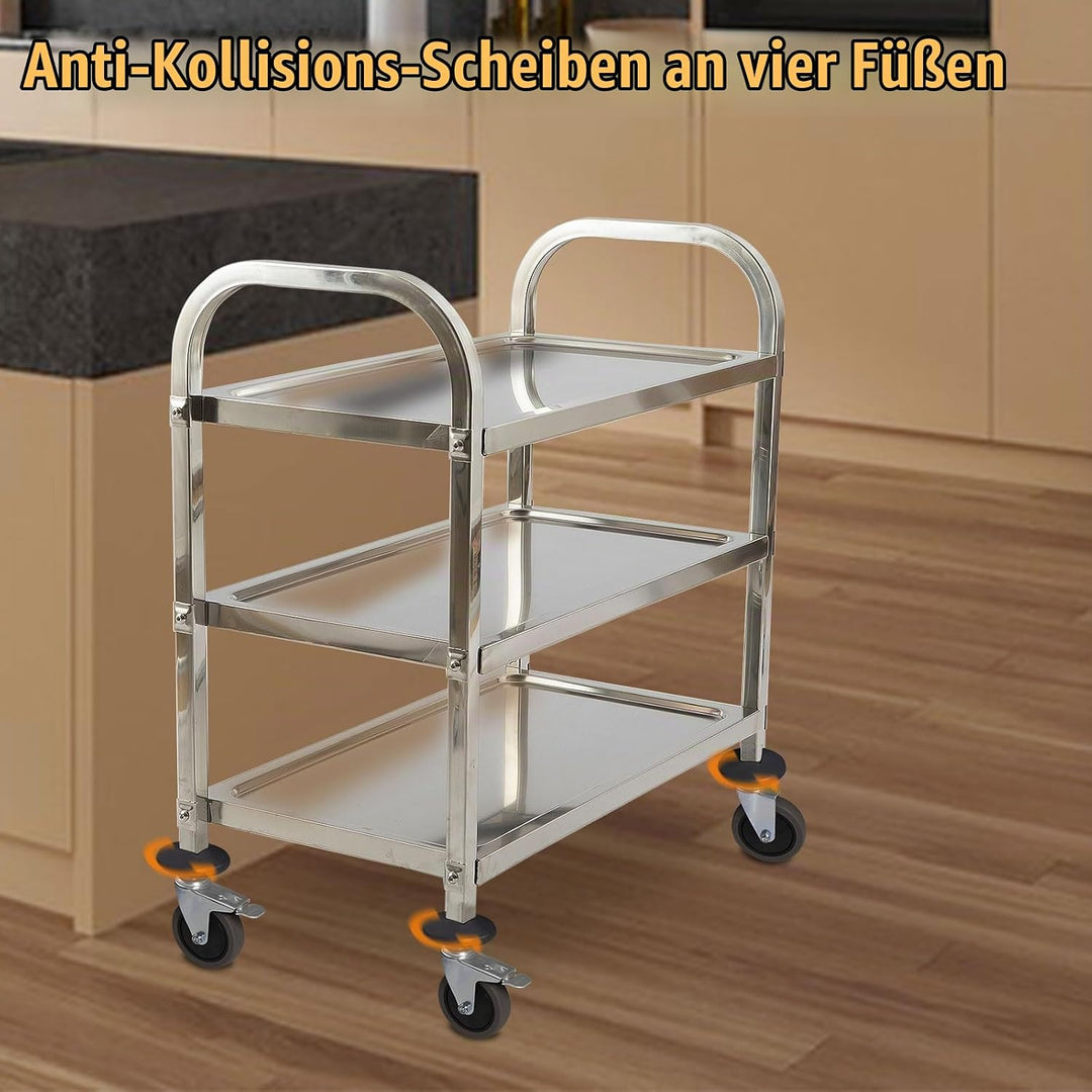 HLC Servierwagen Edelstahl 3 Ebenen Rollwagen Küchenwagen mit 4 Fixierbare Leichtgängige Vollgummi R