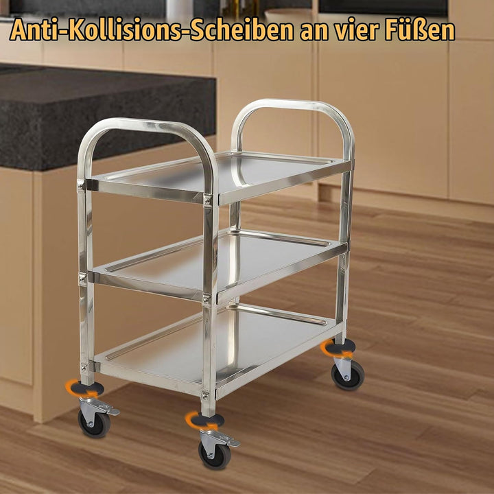 HLC Servierwagen Edelstahl 3 Ebenen Rollwagen Küchenwagen mit 4 Fixierbare Leichtgängige Vollgummi R