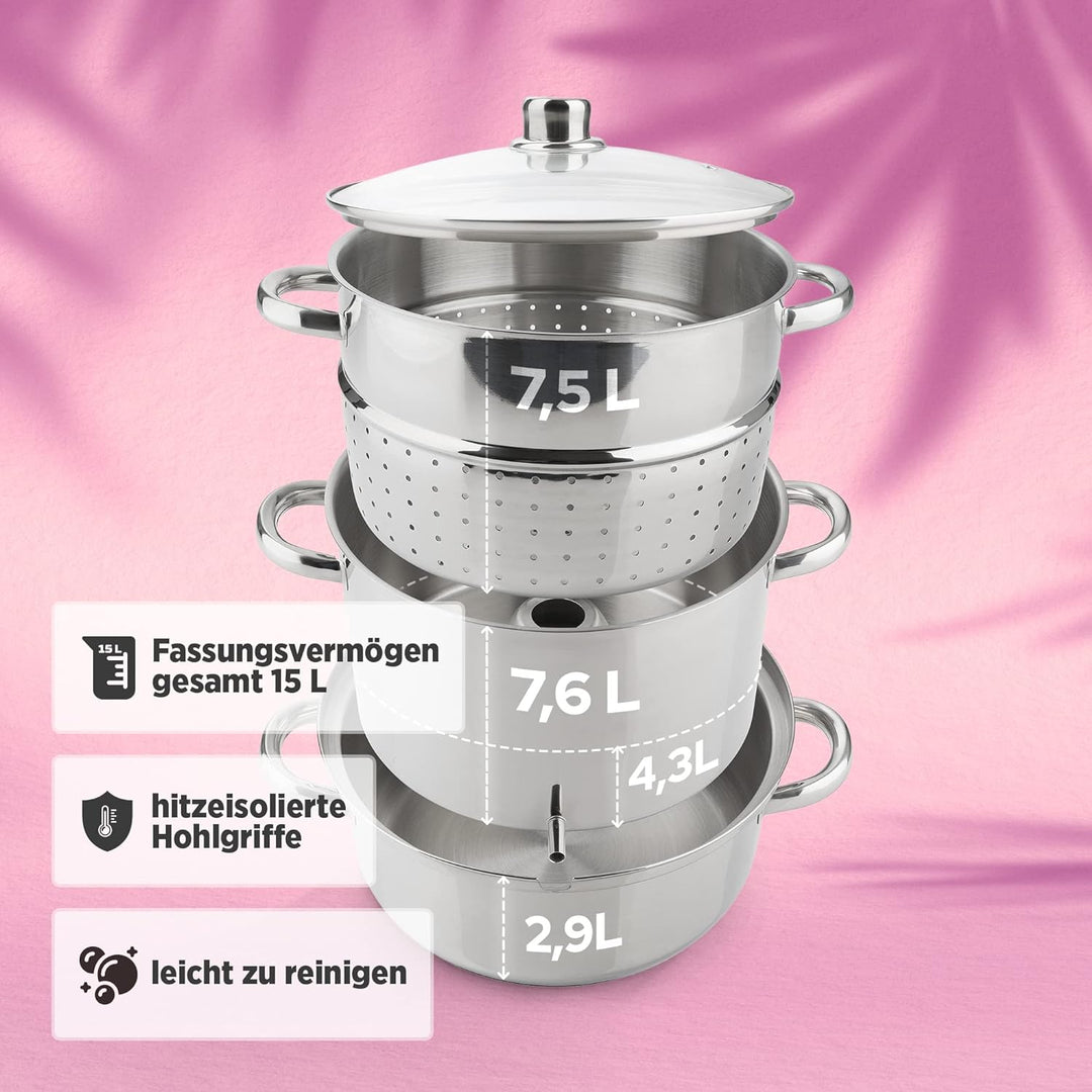 Arebos Dampfentsafter | 15 L | Edelstahl | für alle Herdarten geeignet auch Induktion| Ø 26cm | spül