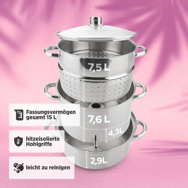 Arebos Dampfentsafter | 15 L | Edelstahl | für alle Herdarten geeignet auch Induktion| Ø 26cm | spül