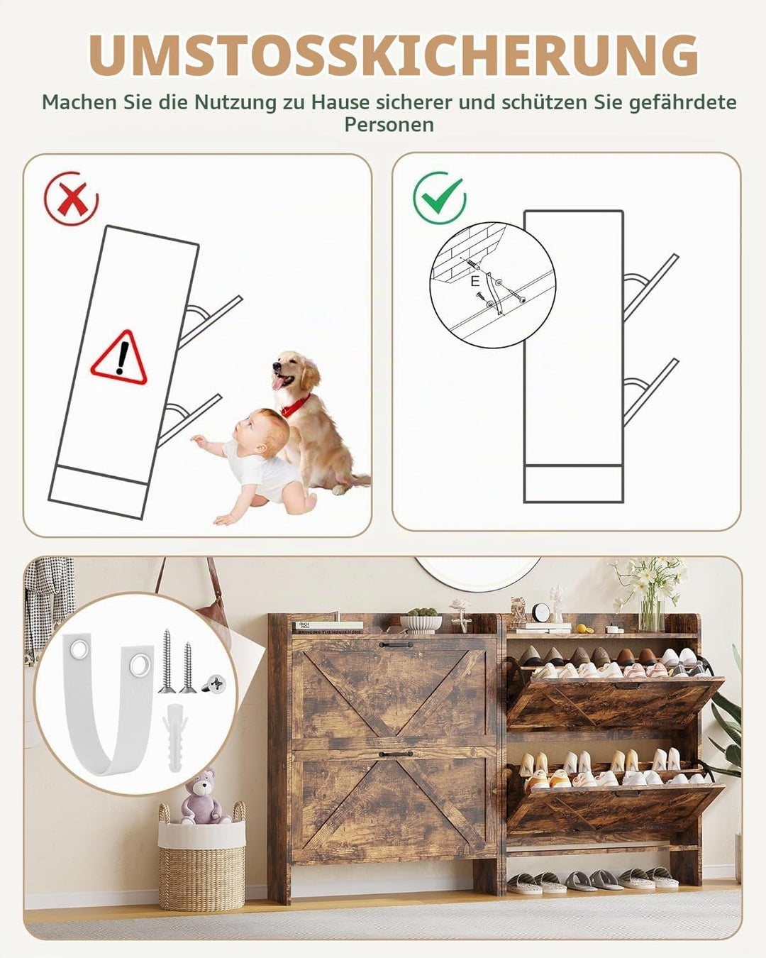 Breit 80 X24x100 Hoch cm Schuhschrank Mit 2 Klappen, Verstellbare Zweistufige Regalböden, Schmal Sch